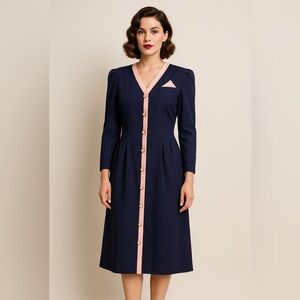 Vintage R&A Collections Navy Blue Dress Pink Trim Gold Buttons Made in USA